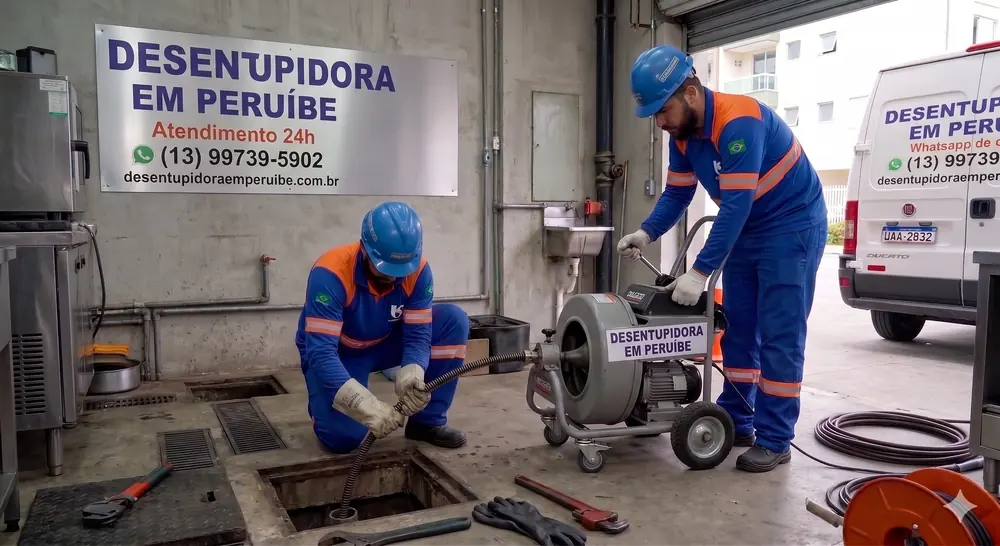 Equipe da desentupidora em Peruíbe em atendimento local
