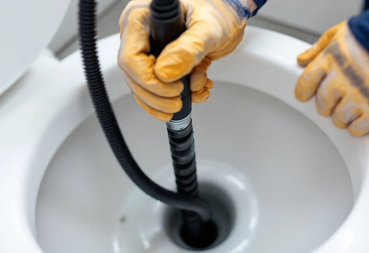 Técnico desentupindo um vaso sanitário com sonda flexível, sem danificar a louça